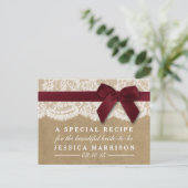 Red Ribbon On Kraft & Lace Bridal Shower Recipe Invitation Postcard (Standing Front)