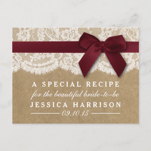 Red Ribbon On Kraft  Lace Bridal Shower Recipe Invitation Postcard