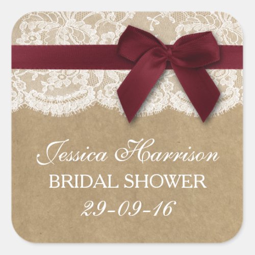 Red Ribbon On Kraft  Lace Bridal Shower Square Sticker