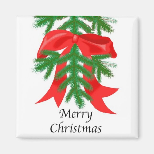 Red Ribbon on Pine Bough Magnet (Front)