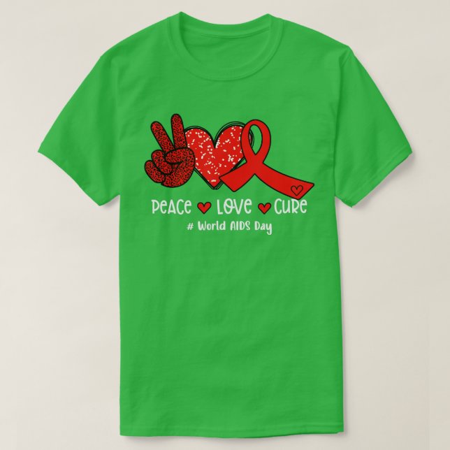 Red Ribbon Peace Love Cure World AIDS Day  T-Shirt (Design Front)