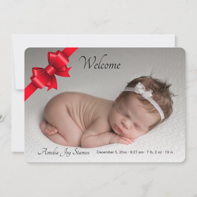 Red Ribbon Photo Birth Announcement (Front)
