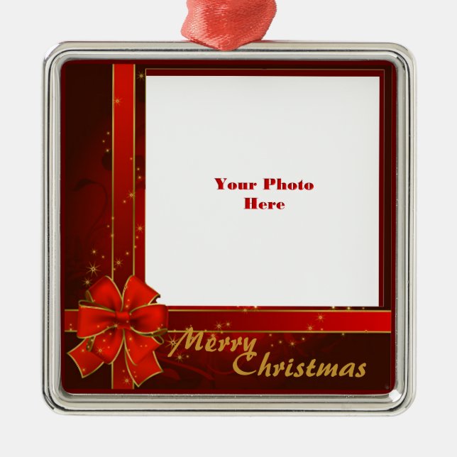 Red Ribbon Photo Frame Metal Ornament (Front)