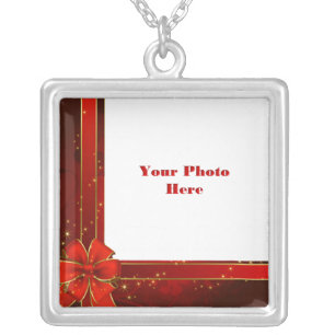 Red Ribbon Photo Frame Silver Plated Necklace