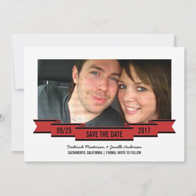 Red Ribbon Photo Save the Date Invite (Front)
