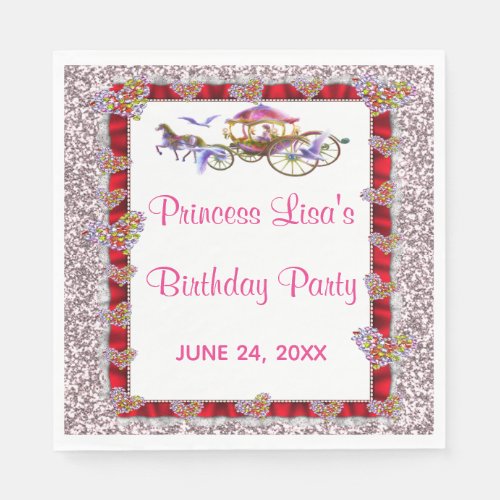 Red Ribbon Pink Glitter Royal Princess Birthday Napkins