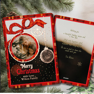 Red Ribbon Plaid Gold Foil Single Photo Christmas Holiday Card