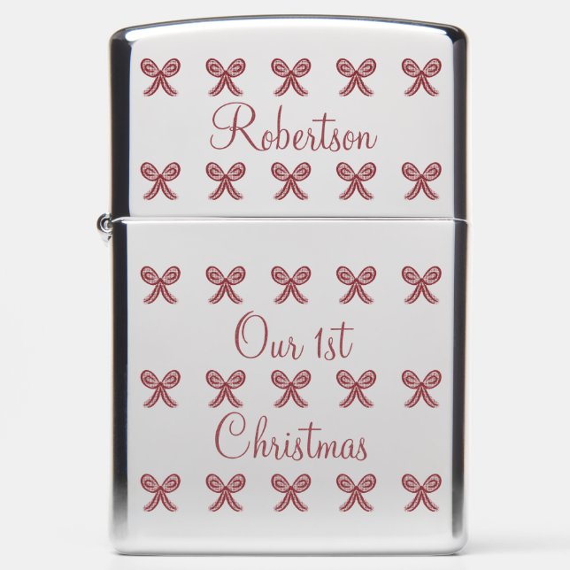 Red Ribbon Polkadot Bows Our First Christmas Zippo Lighter (Front)