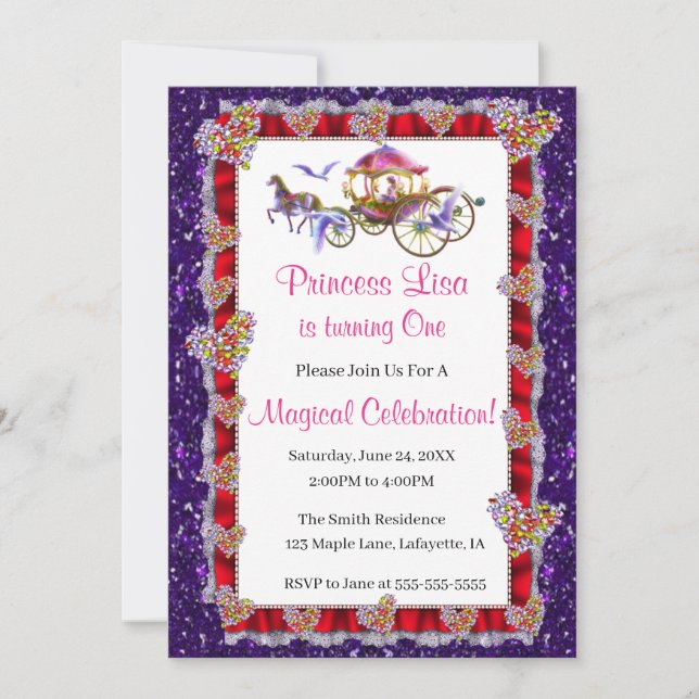 Red Ribbon Purple Glitter Royal Princess Birthday Invitation (Front)