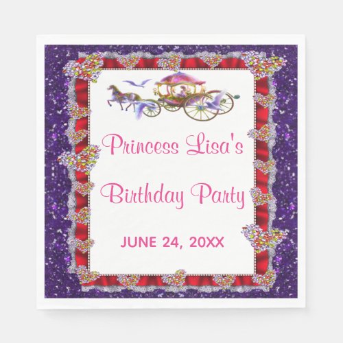 Red Ribbon Purple Glitter Royal Princess Birthday Napkins