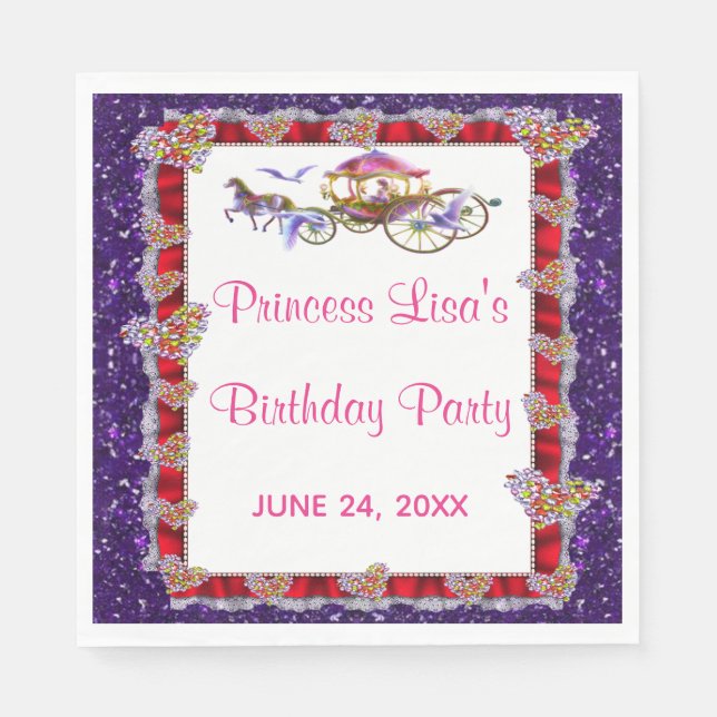 Red Ribbon Purple Glitter Royal Princess Birthday Napkins (Front)
