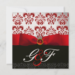 RED RIBBON RUBY GOLD BLACK DAMASK MONOGRAM INVITATION
