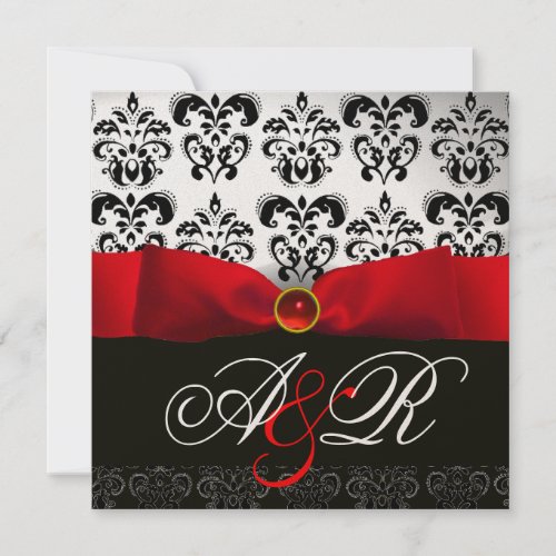 RED RIBBON RUBY WHITE BLACK  DAMASK MONOGRAM INVITATION