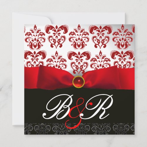 RED RIBBON RUBY WHITE BLACK  DAMASK MONOGRAM INVITATION