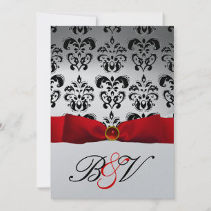 RED RIBBON SILVER BLACK DAMASK MONOGRAM INVITATION