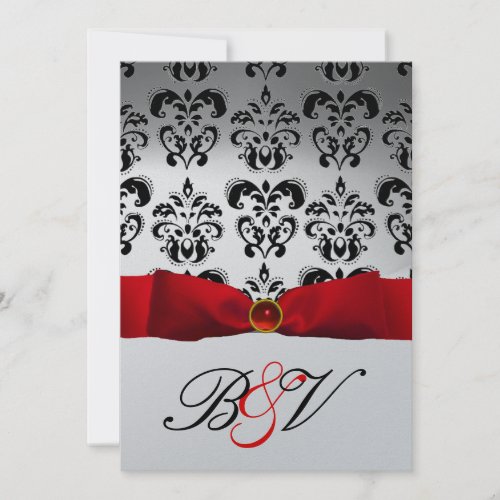 RED RIBBON SILVER BLACK  DAMASK MONOGRAM INVITATION