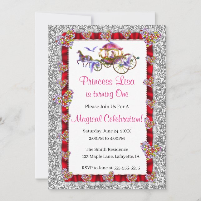Red Ribbon Silver Glitter Royal Princess Birthday Invitation (Front)