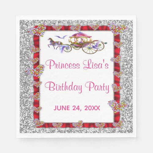 Red Ribbon Silver Glitter Royal Princess Birthday Napkins