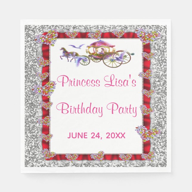 Red Ribbon Silver Glitter Royal Princess Birthday Napkins (Front)