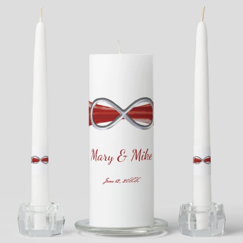 Red Ribbon Silver Infinity Wedding Unity Candle Set