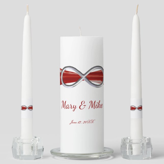 Red Ribbon Silver Infinity Wedding Unity Candle Set (Front)