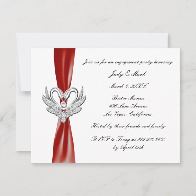 Red Ribbon Silver Swan Engagement Party Invitation (Front)