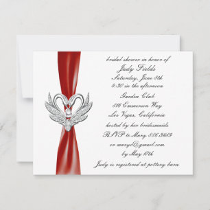 Red Ribbon Silver Swans Bridal Shower Invitation
