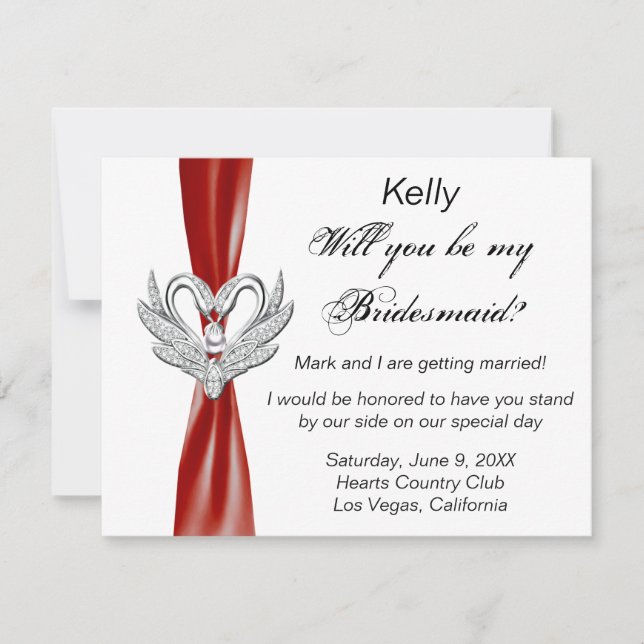 Red Ribbon Silver Swans Bridesmaid Card (Front)