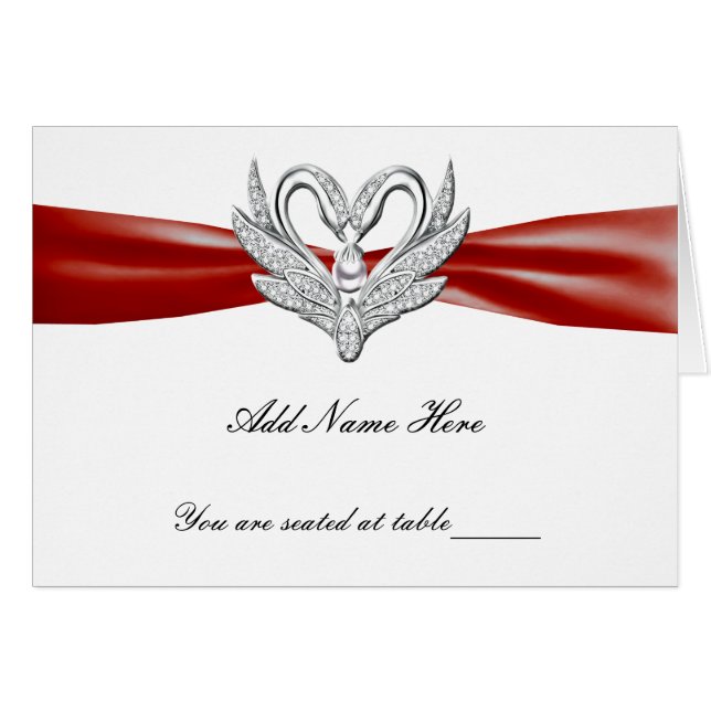 Red Ribbon Silver Swans Folded Table Place Card (Front Horizontal)