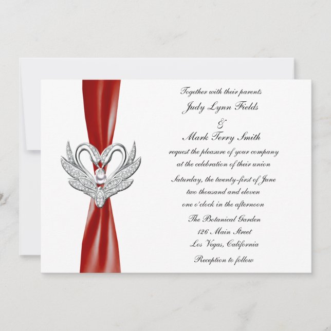 Red Ribbon Silver Swans Invitation (Front)