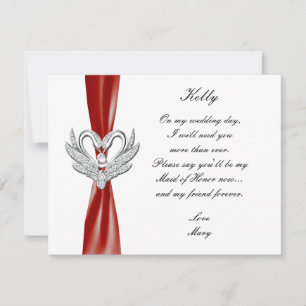 Red Ribbon Silver Swans Maid Of Honor Card