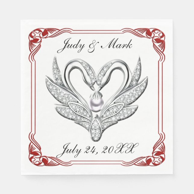 Red Ribbon Silver Swans Paper Napkins (Front)