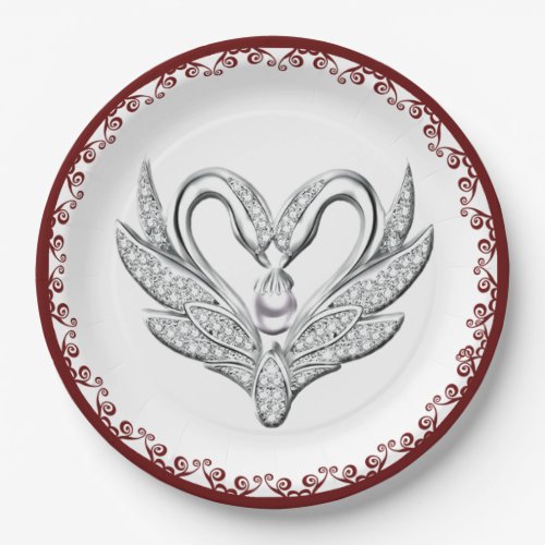 Red Ribbon Silver Swans Paper Plate