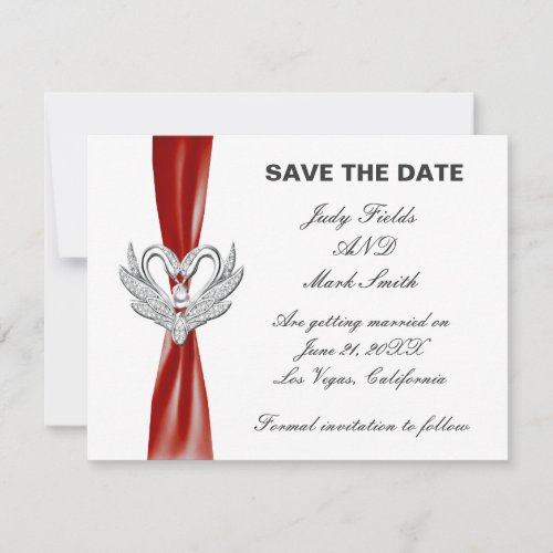 Red Ribbon Silver Swans Save The Date Card