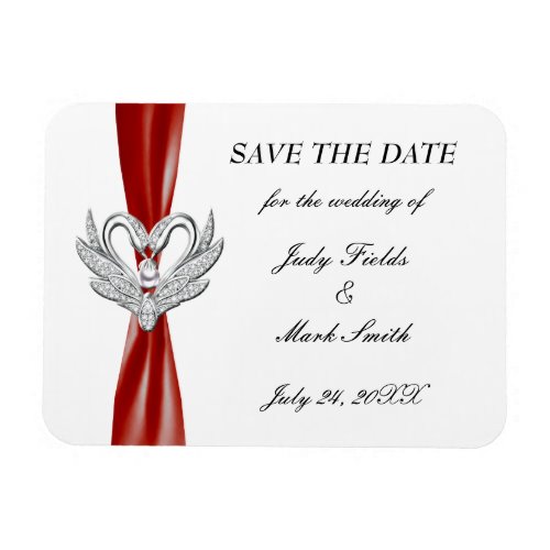 Red Ribbon Silver Swans Save The Date Magnet