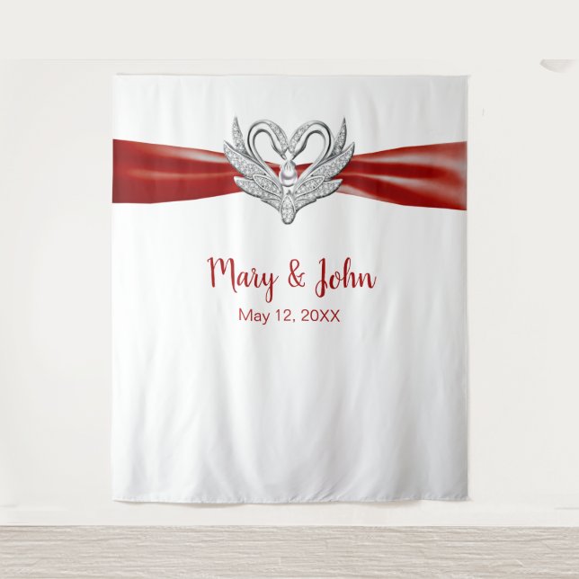 Red Ribbon Silver Swans Wedding Backdrop (Front)