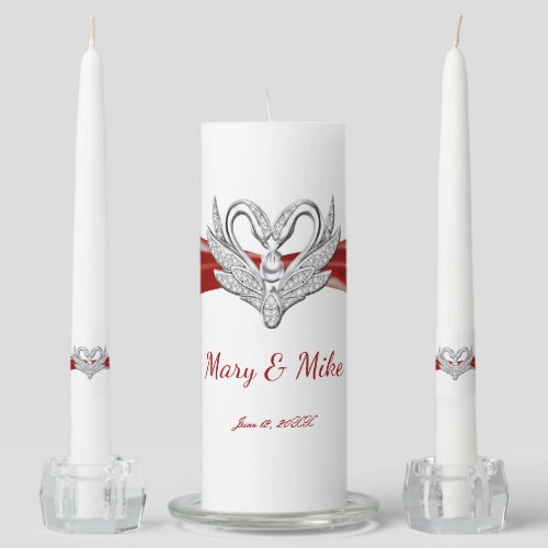 Red Ribbon Silver Swans Wedding Unity Candle Set