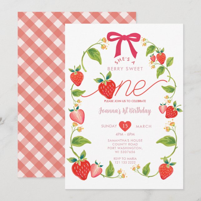 Red Ribbon Strawberry Sweet One Berry Birthday  Invitation (Front/Back)