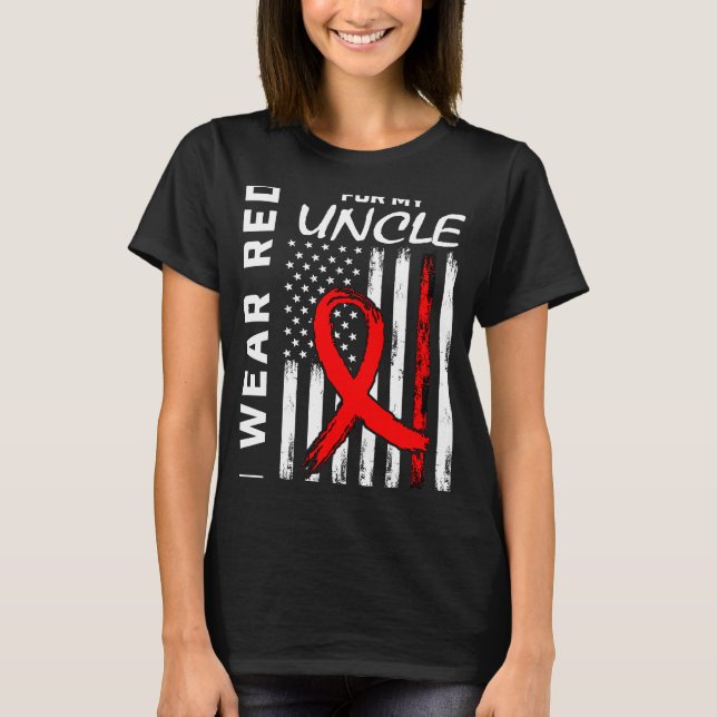 Red Ribbon Uncle Heart Disease Awareness American  T-Shirt (Front)
