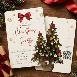 Red Ribbon Watercolor Christmas Tree Party Invite