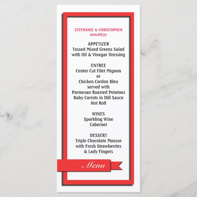 Red Ribbon Wedding Menu / Program (Front)