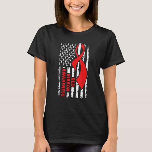 Red Ribbon Week Awareness American Flag Red Ribbon T-Shirt (Front)