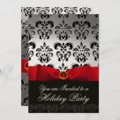 RED RIBBON WHITE BLACK  DAMASK HOLIDAY PARTY Ruby Invitation (Front/Back)
