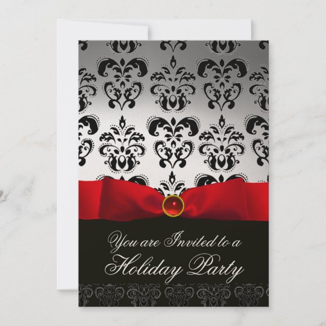 RED RIBBON WHITE BLACK  DAMASK HOLIDAY PARTY Ruby Invitation (Front)
