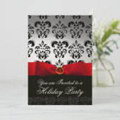 RED RIBBON WHITE BLACK  DAMASK HOLIDAY PARTY Ruby Invitation (Standing Front)