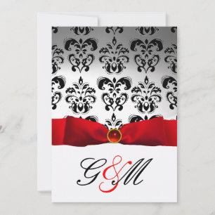 RED RIBBON WHITE BLACK DAMASK MONOGRAM INVITATION