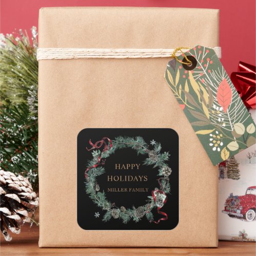 Red Ribbon Winter Greenery Monogram Square Sticker