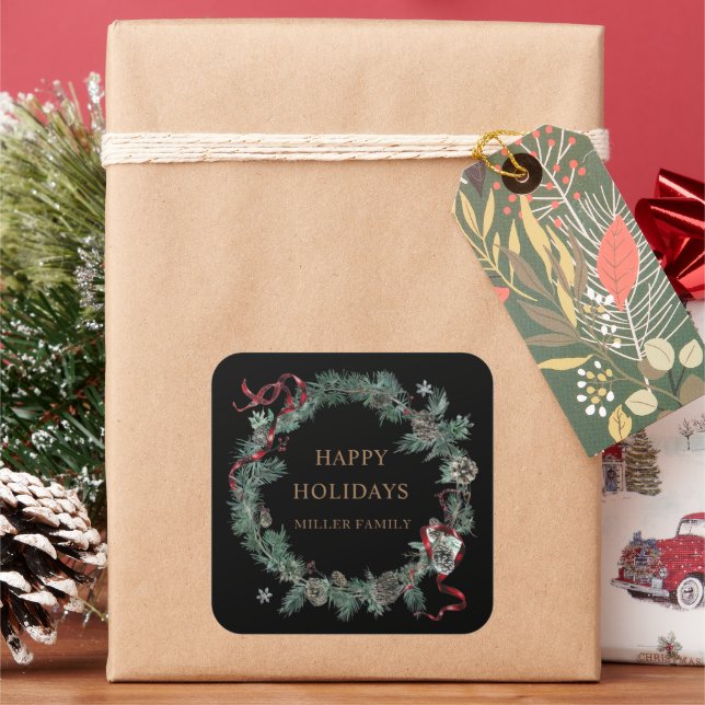 Red Ribbon Winter Greenery Monogram Square Sticker (Holiday)