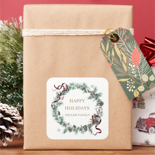 Red Ribbon Winter Greenery Monogram Square Sticker