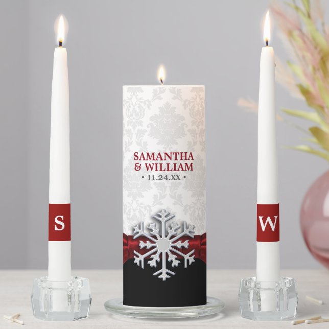 Red Ribbon Winter Wedding Unity Candle Set (In Situ)